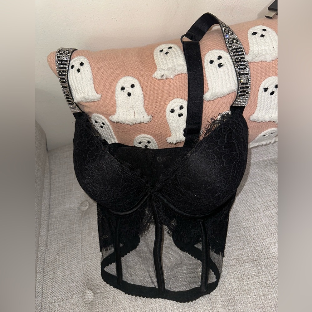Victoria's Secret Push-Up Black Lace Corset Bra with Embellished Straps